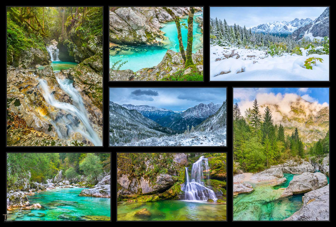 Das Bild zeigt eine Collage von Flussaufnahmen  beziehungsweise Landschaftsfotografie Fotos aus Slowenien insbesondere dem Soca Tal