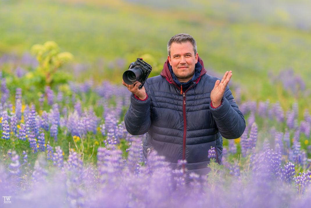 Juni 2025: mein Kollege Christian Binder schoss dieses Bild in den unendlichen Lupinenfelder Islands, wo wir mit unserer Workshopgruppe in den Nächten abseits der Touristenströme fotografierten
