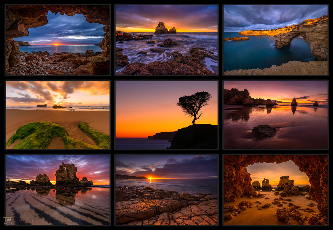 Das Bild zeigt eine Collage von Seascape beziehungsweise Landschaftsfotografie Fotos aus Südportugal insbesondere aus der Region Algarve