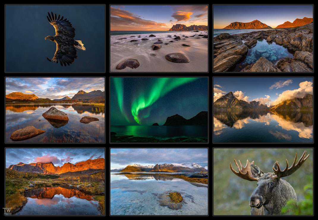Das Bild zeigt eine Collage von Seascape  beziehungsweise Landschaftsfotografien aus Norwegen insbesondere den Lofoten