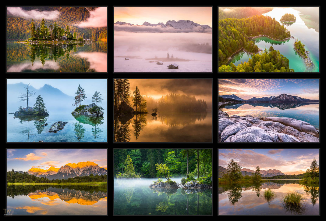 Das Bild zeigt eine Collage von Seen beziehungsweise Landschaftsfotografie Fotos aus dem bayrischen Alpenland mit Spiegelungen