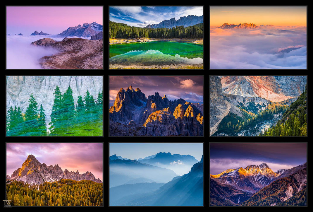 Das Bild zeigt eine Collage von Bergen rund um das Dolomiten Gebiet beziehungsweise Landschaftsfotografien
