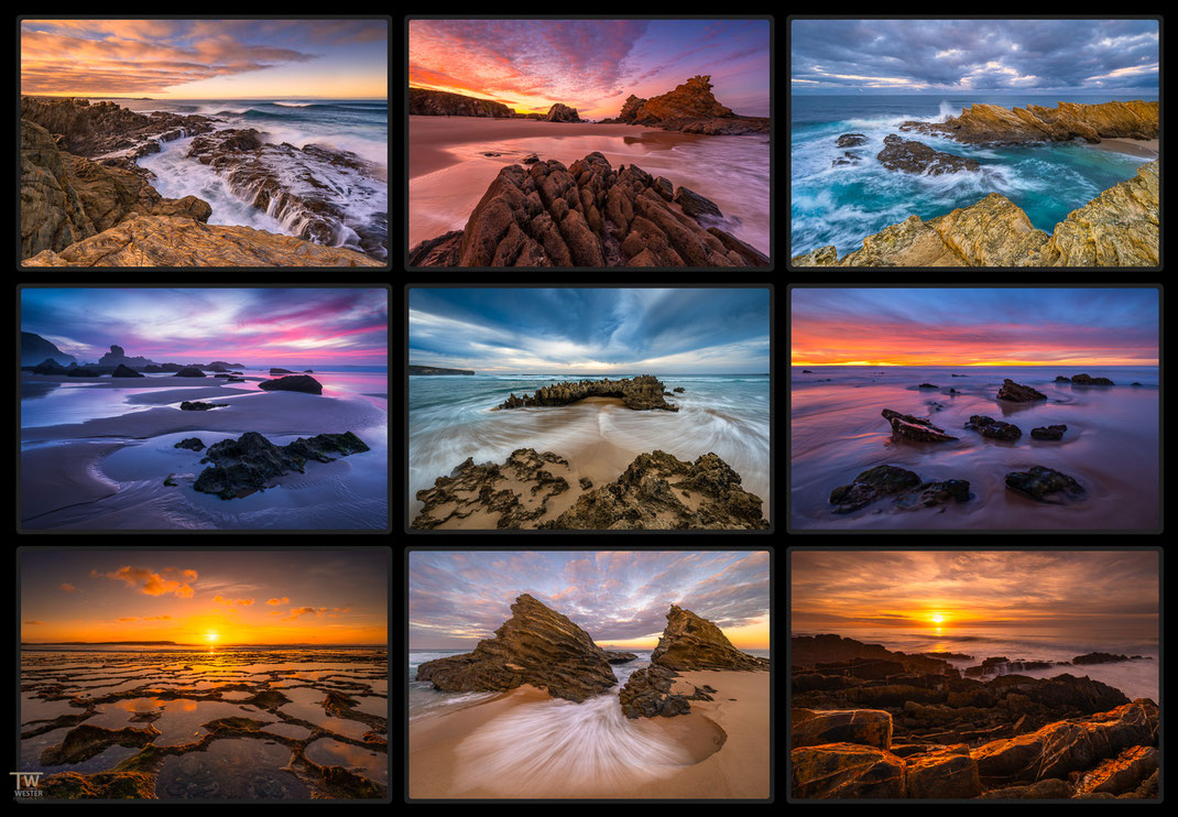 Das Bild zeigt eine Collage von Seascape beziehungsweise Landschaftsfotografie Fotos aus Südportugal insbesondere aus Alentejo