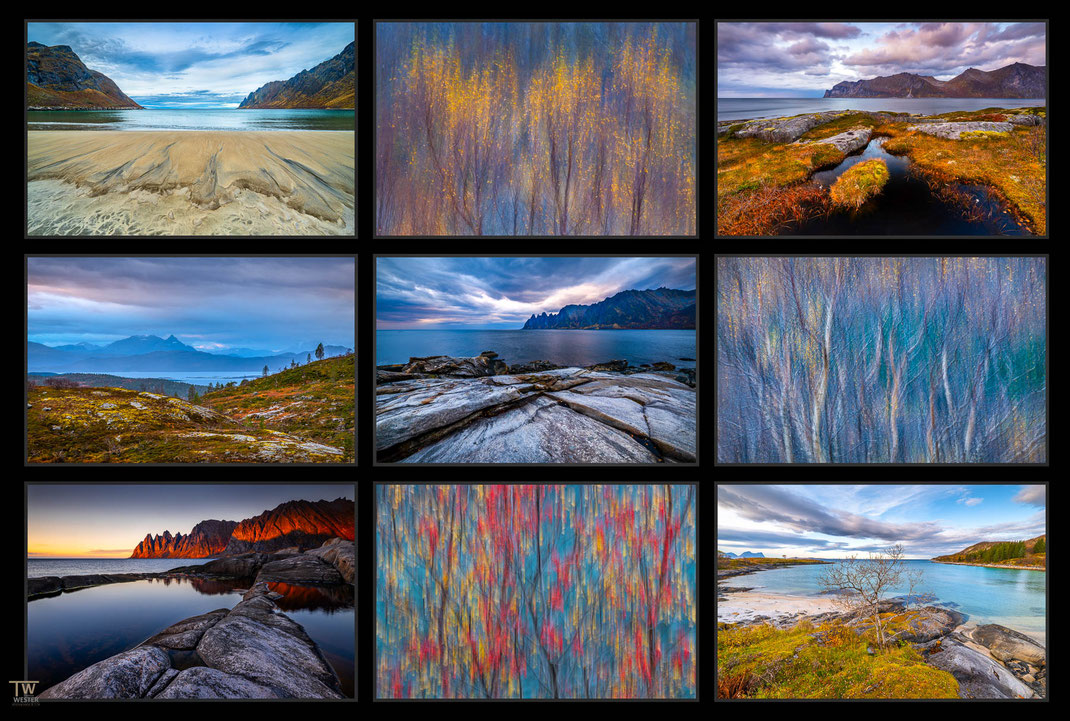 Das Bild zeigt eine Collage von Seascape  beziehungsweise Landschaftsfotografie Fotos aus Senja im Norden Norwegens