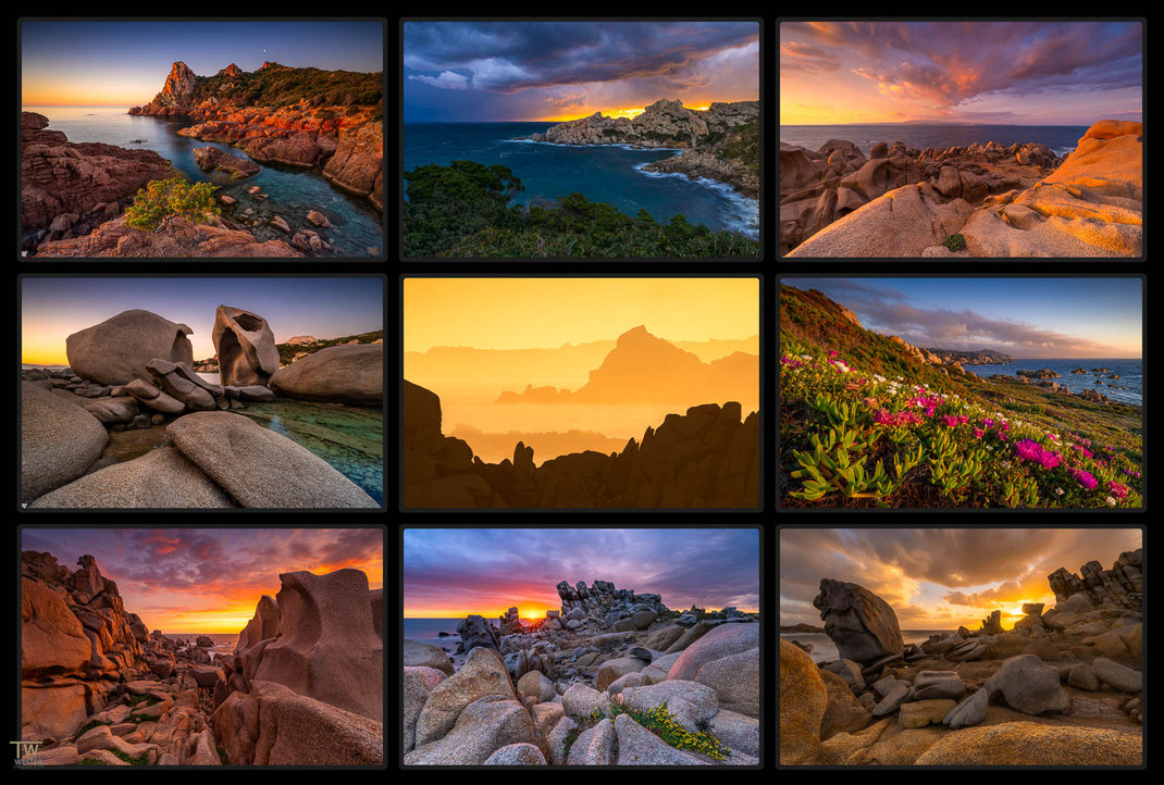 Das Bild zeigt eine Collage von Seascape  beziehungsweise Landschaftsfotografie Fotos aus Sardinien, insbesondere des Gebietes um das Capo Testa im Norden