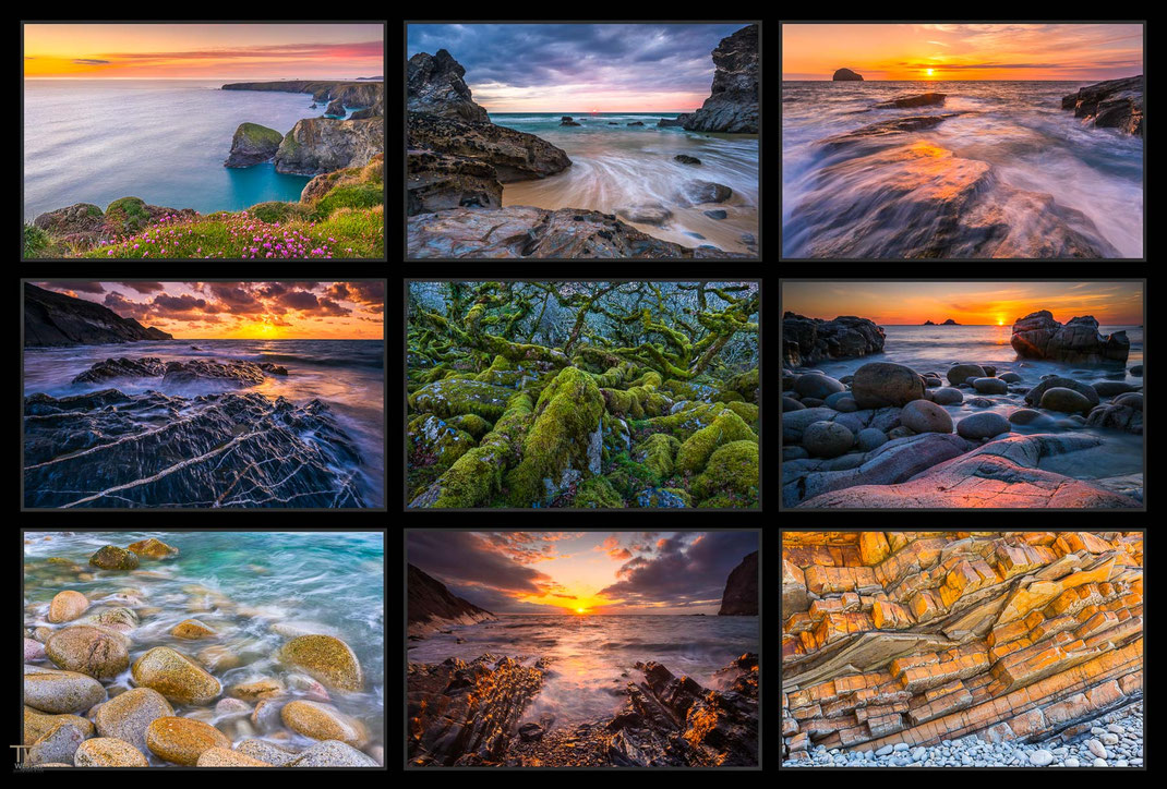Das Bild zeigt eine Collage von Seascape  beziehungsweise Landschaftsfotografie Fotos aus Cornwall in England