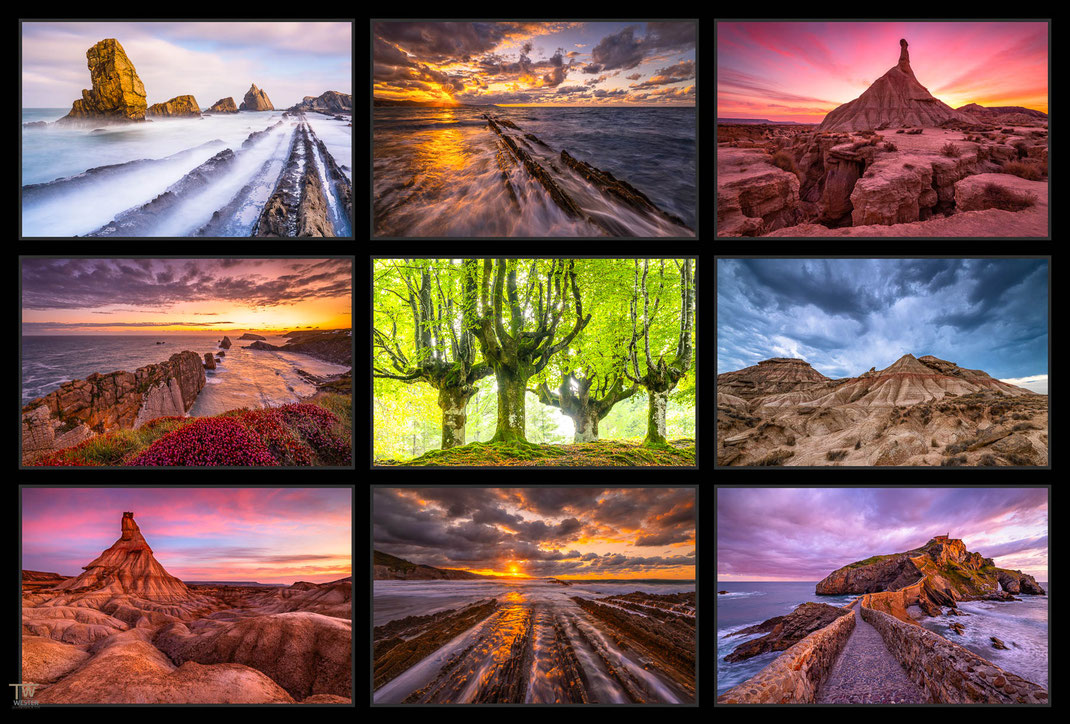 Das Bild zeigt eine Collage Landschaftsfotografien aus Nordspanien, genauer gesagt Navarra Baskenland und Kantabrien