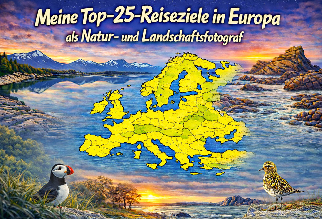 Das Bild zeigt eine Collage aus Fotografien und Grafiken mit Felsen, Meer, Papageitaucher und Goldregenpfeifer