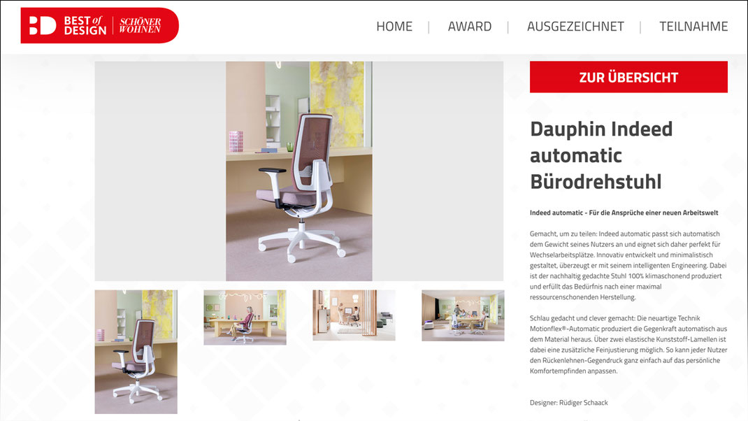 Motionflex-Automatic Mechanik, Dauphin Human Design Group, Büro, Drehstuhl, Design, Rüdiger Schaack, minimalen Materialeinsatz, transparente Bauweise, offen gestaltete Struktur, Indeed Automatic, Best of Design Award, Schöner Wohnen