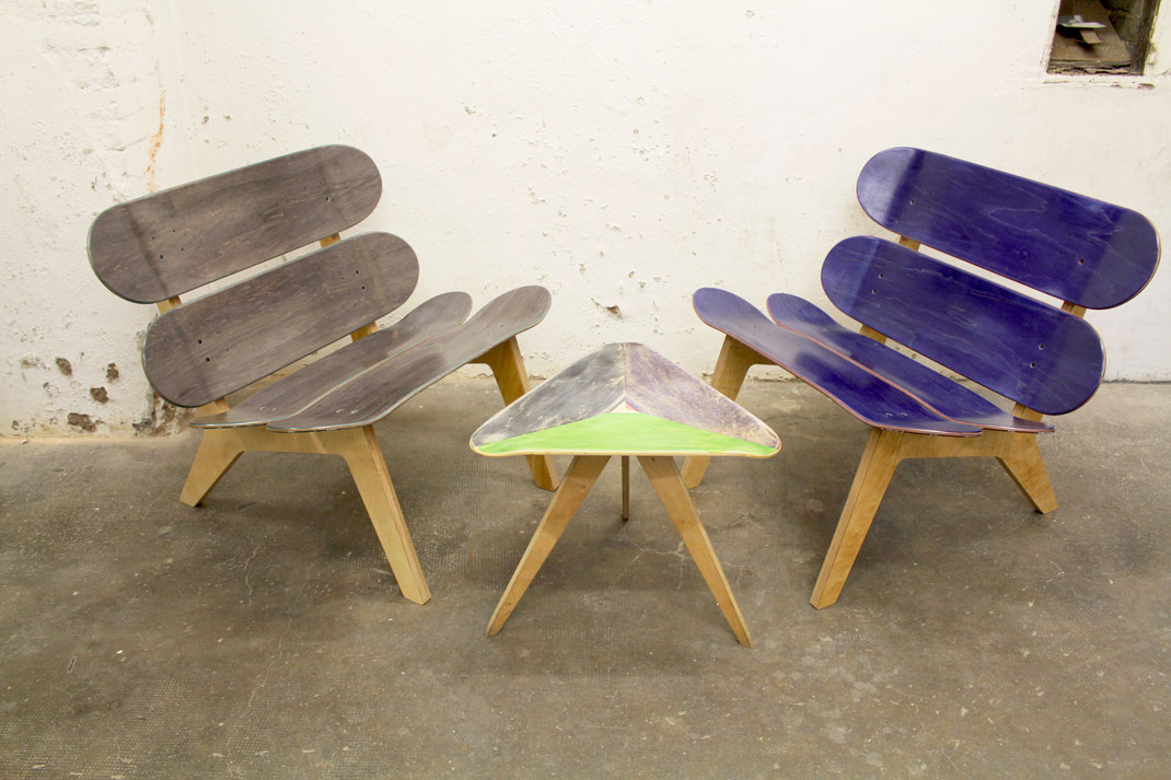 Individuelle Mietmöbel aus dem recycling Material gebrauchtes Skateboard. Möbel mieten für spezielle Events und Messen. Designmöbel für deinen Anlass.   