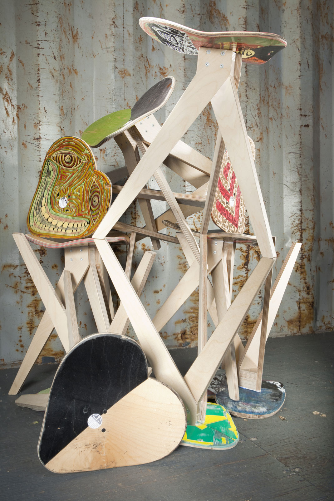 skateboard chair in a garage
