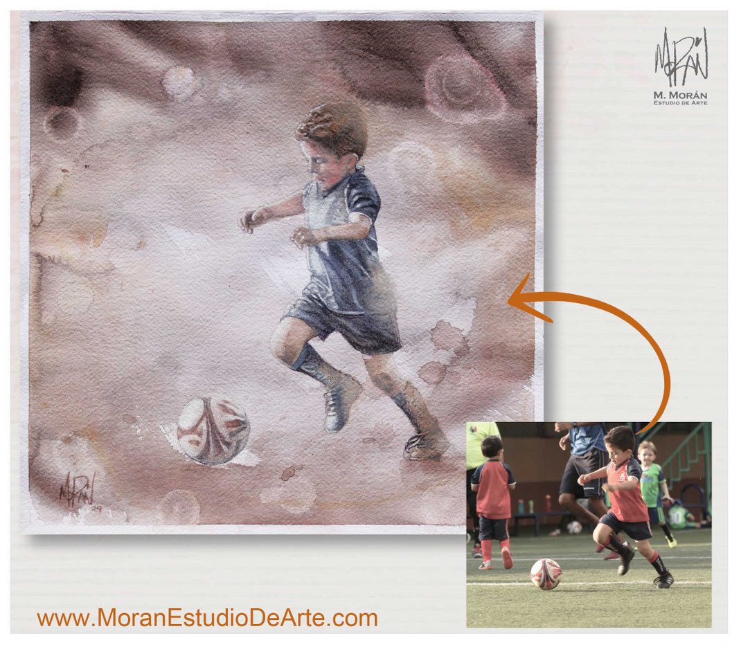 Retrato personalizado pintado a mano de niño jugando futbol, transformacion de foto a pintura, oleo sobre papel Fabriano por Moran Estudio de Arte