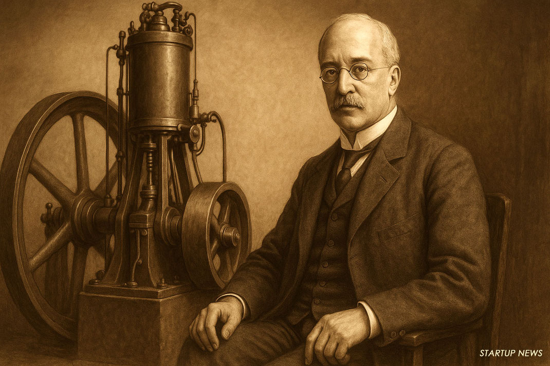 Рудольф Дизель на фоні свого першого двигуна | Rudolf Diesel with his first engine in the background
