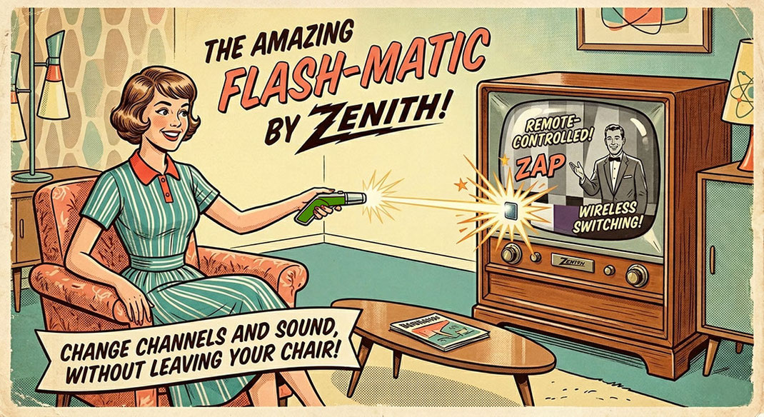 Реклама пульта дистанційного керування телевізором Flash-Matic в стилі 50-х років