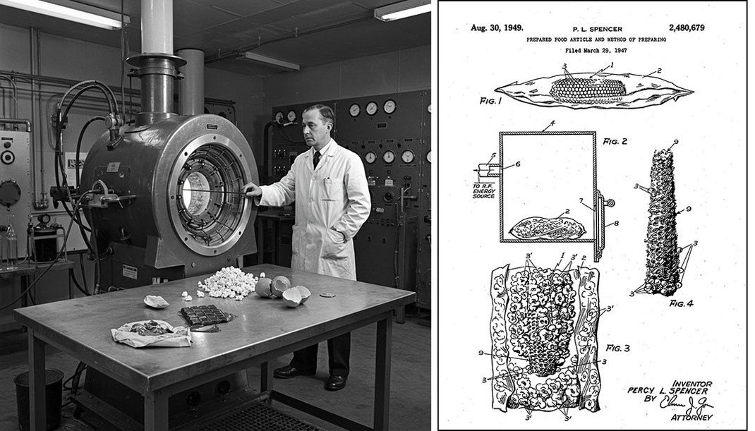 Персі Спенсер біля магнетрона та його патент на мікрохвильове приготування їжі