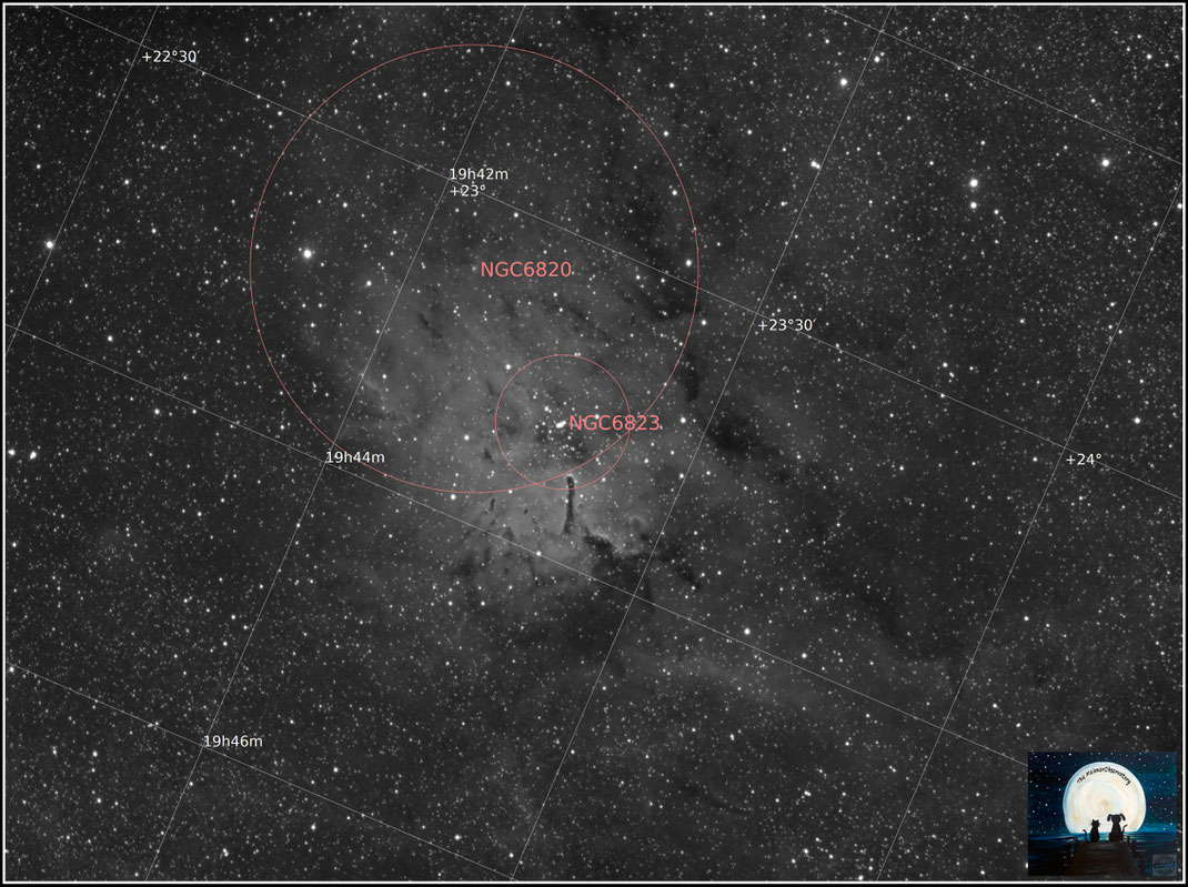 NGC 6823 • C 1941+231 • OCl 124 • Cr 405 • GC 4512 • H VII 18 • h 2049 • HAlpha Filter Annotated Image - MeixnerObservatorium