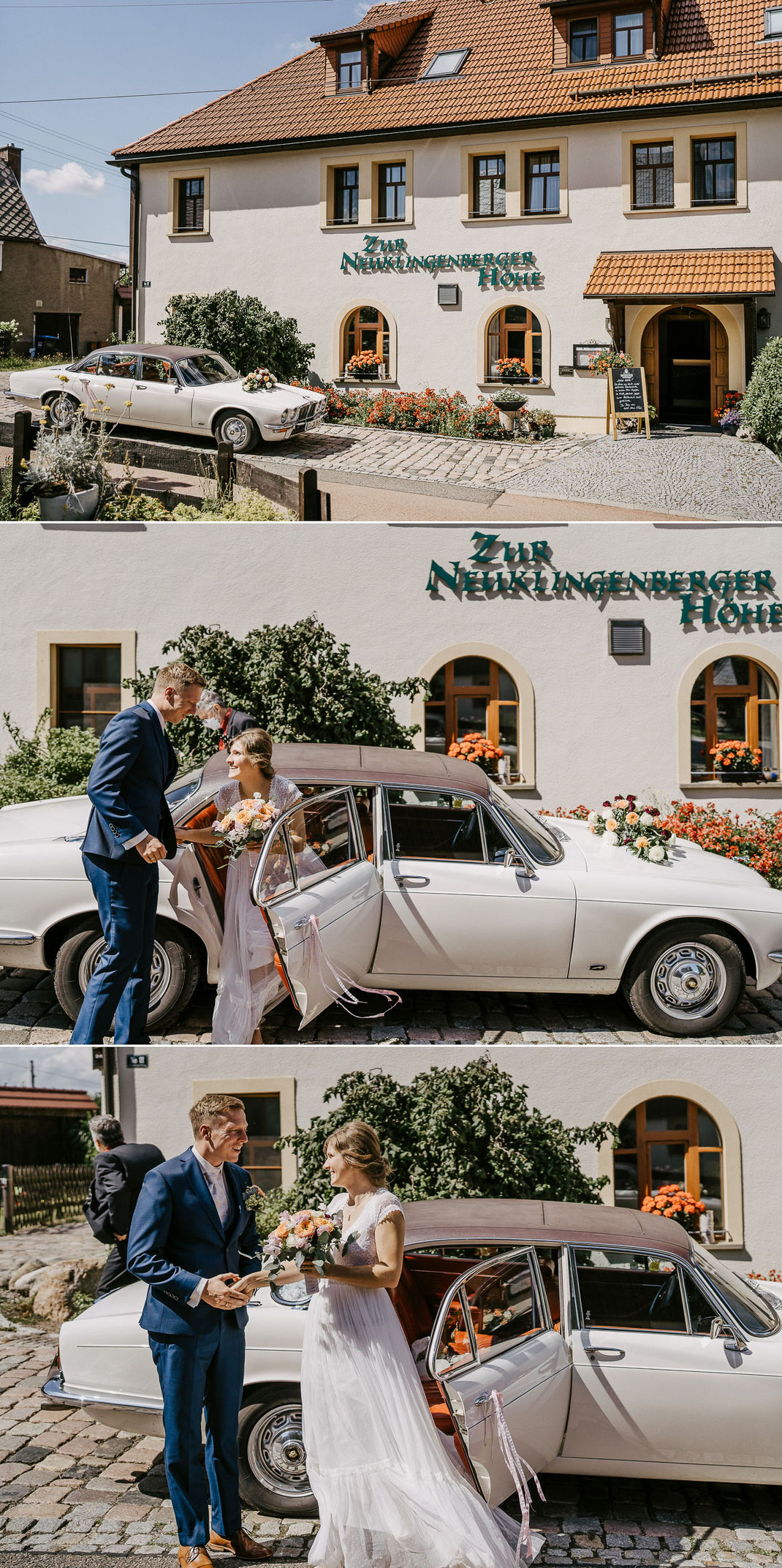 Ankunft im Hochzeitsauto: Weißer Jaguar vor dem Hotel "Zur Neuklingenberger Höhr" Neue Höhe in Klingenberg – stilvolle Ankunft des Brautpaars im Osterzgebirge.