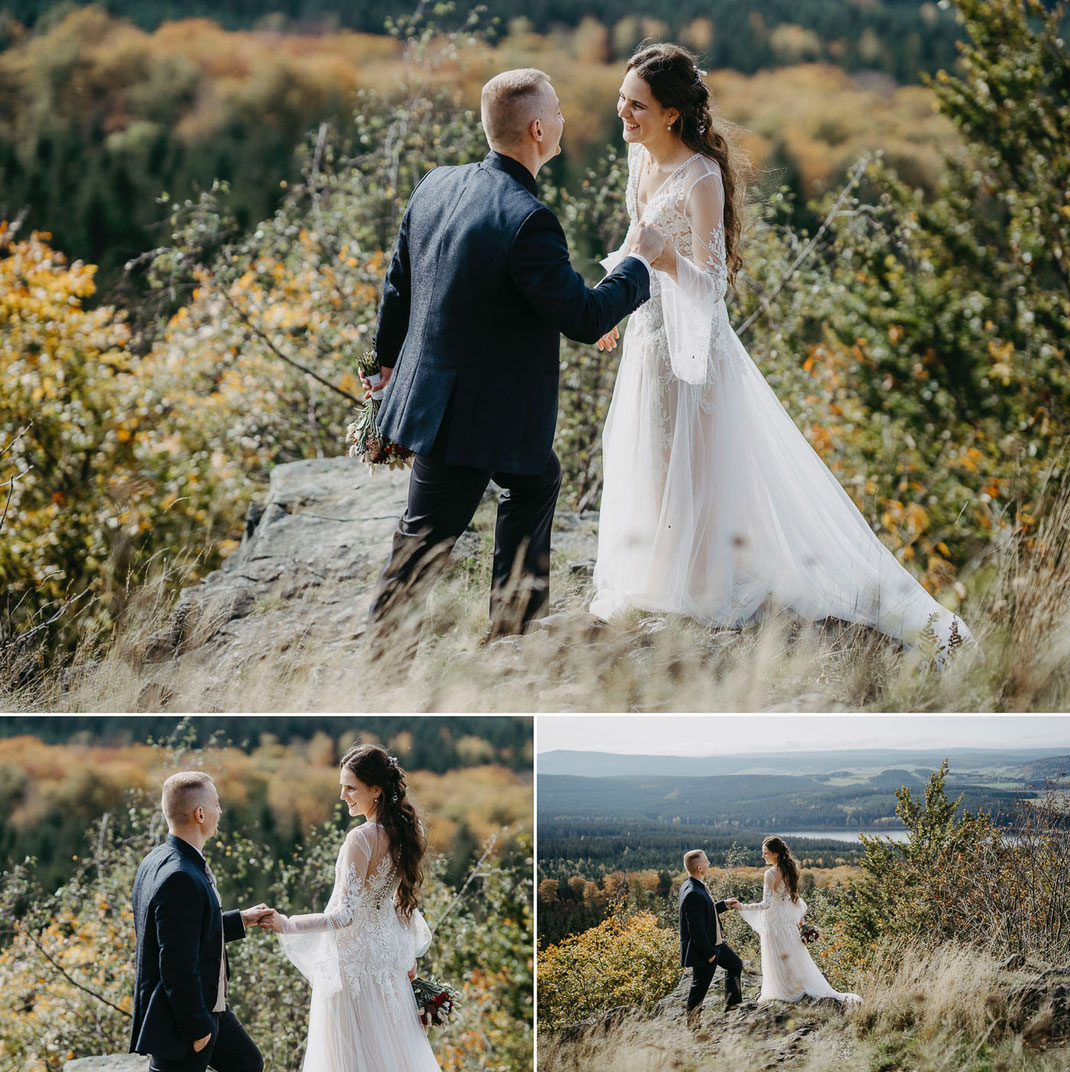 Glücksmoment: Das Hochzeitspaar lächelt in die Kamera des Fotografen aus dem Erzgebirge