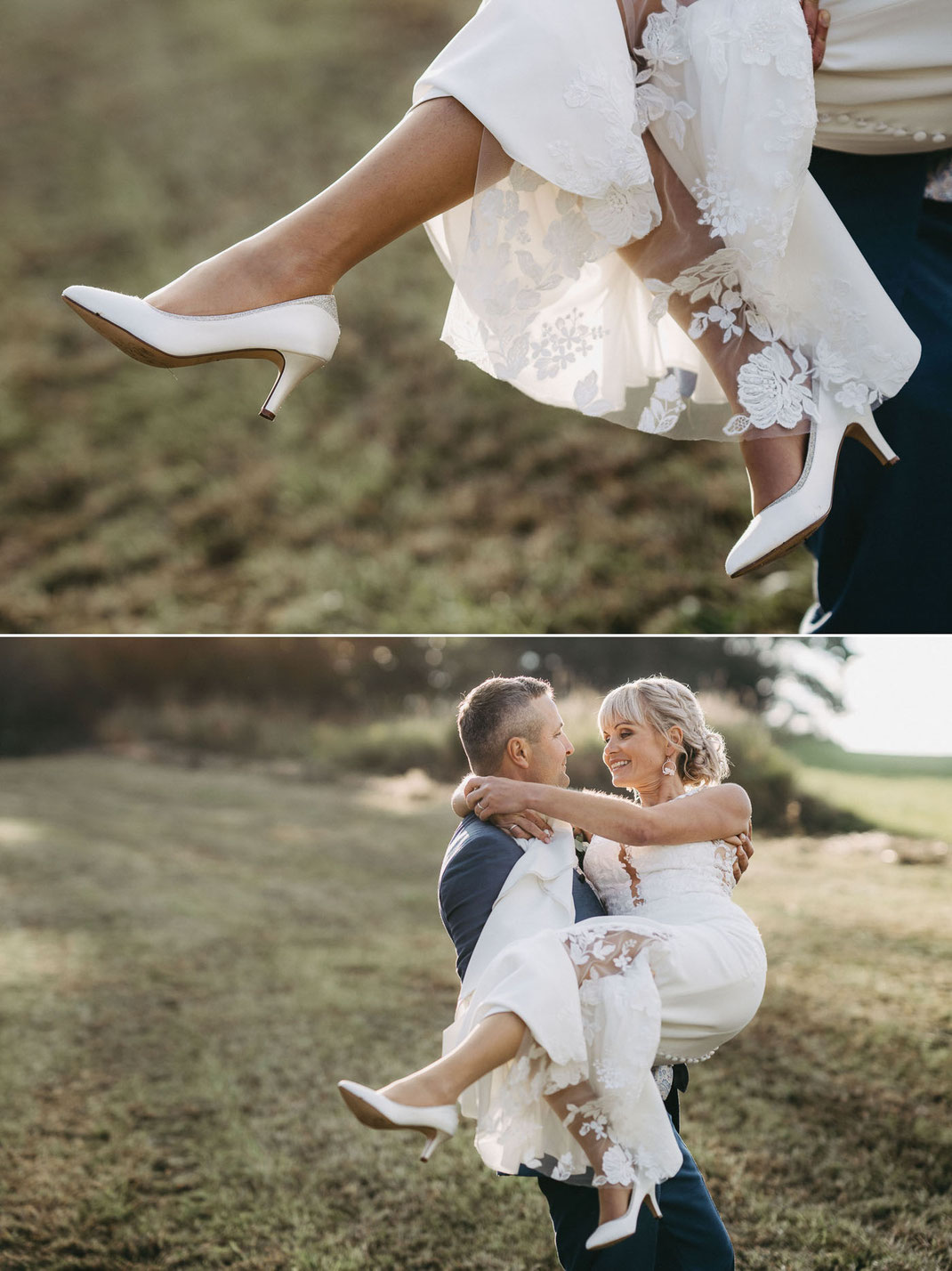 Braut auf Arm des Bräutigams zur Hochzeit im Waldhof beim Fotoshooting zur Goden Hour im waldhof Börnichen. Lichtecht Hochzeitsfotografie