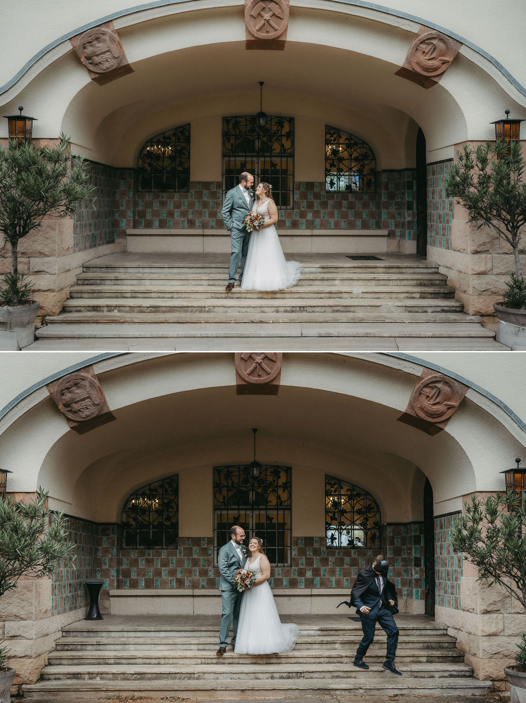 Hochzeitsfotograf Erzgebirge: Jenny und Pascal an der Rezeption vom Hotel.