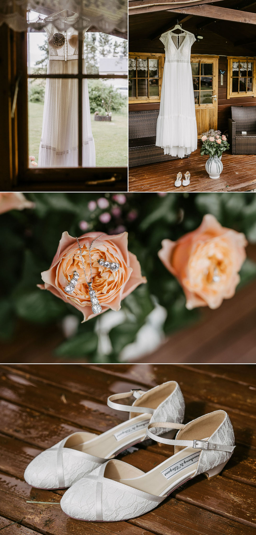 Hochzeitsfotograf Dresden: Brautkleid, Brautschuhe und Schmuck im Garten am Gartenhäuschen fotografiert.