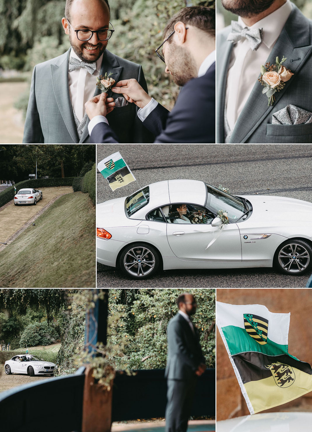 Ankunft der Braut im weissen BMW zur Hochzeit an der Villa Esche.
