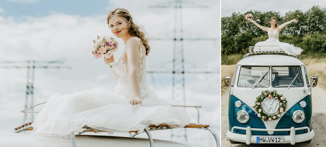 Braut auf VW, VW Bulli Hochzeit, Hochzeitsfotos Bulli, Hochzeit Sachsen Fotograf, Hochzeitsfotograf Sachsen