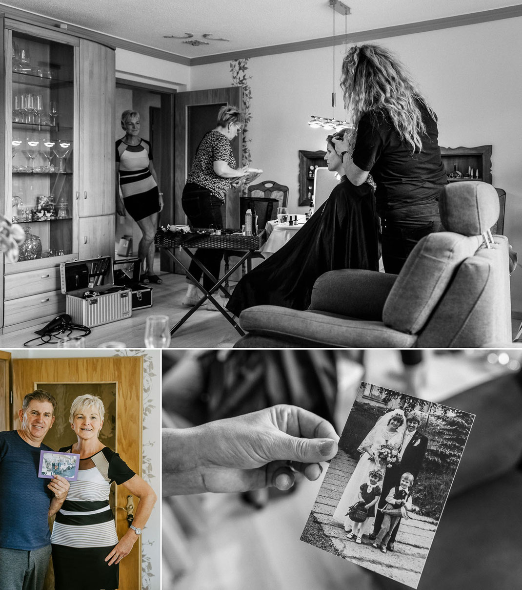 Generationen-Moment: Eltern der Braut zeigen stolz ihr altes Schwarz-Weiß-Hochzeitsfoto während des Getting Ready.