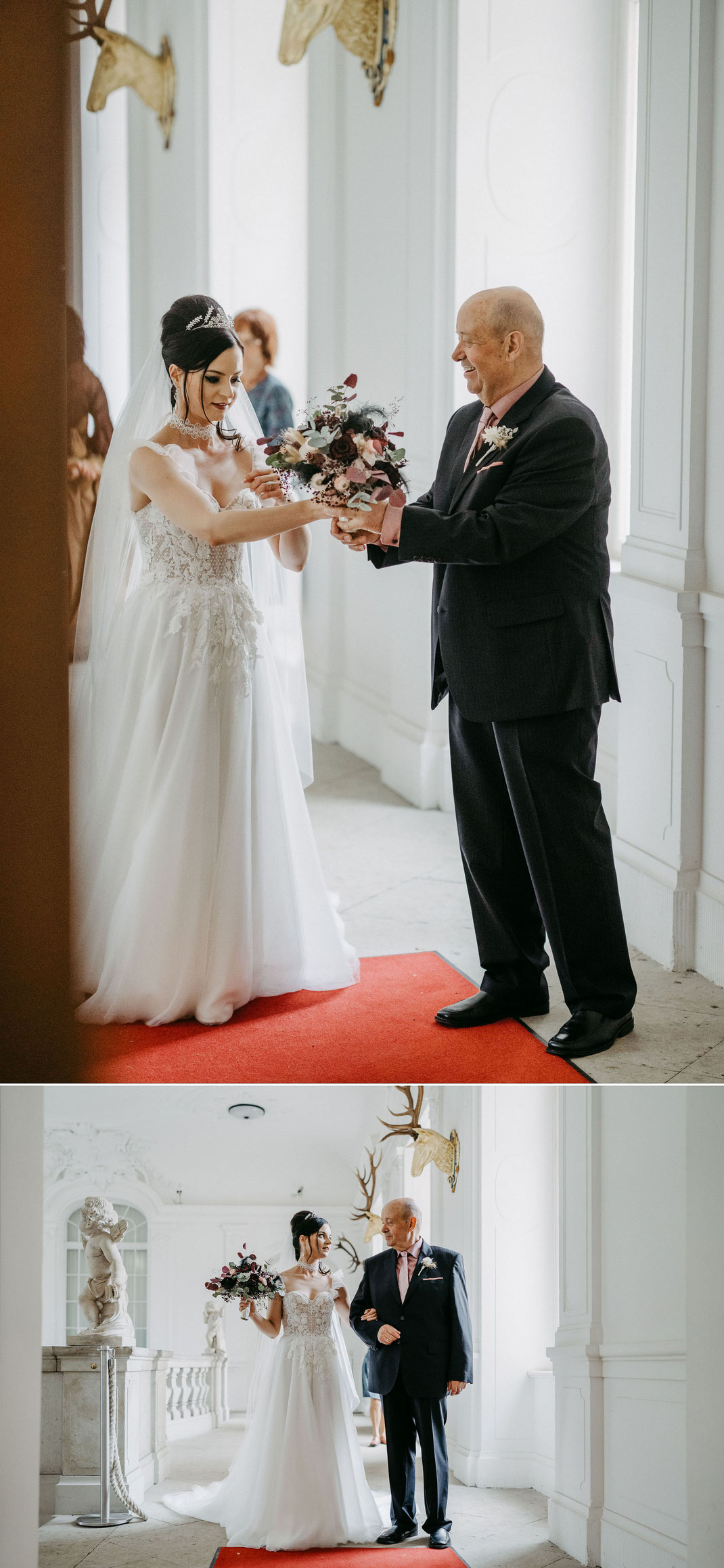 Brautvater übergibt den Brautstrauß im Schloss Lichtenwalde - ein toller Augenblick im Hochzeitsoutfit