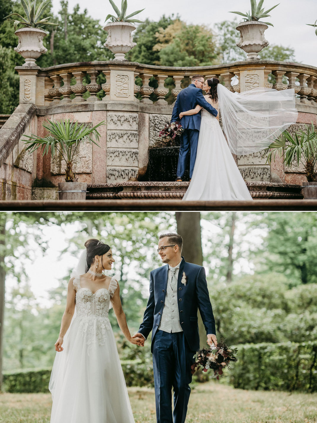 Elegantes Hochzeitsfoto im Park von Schloss Lichtenwalde bei sanftem Nachmittagslicht.