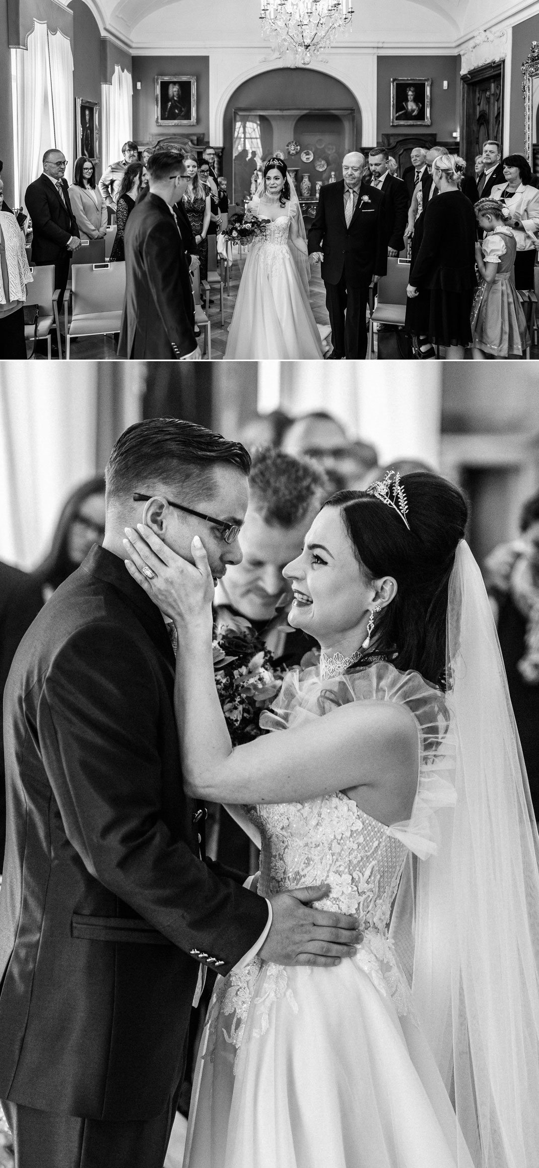 Hochzeitsfotograf hält den emotionalen Einzug der Braut in den historischen Trausaal fest