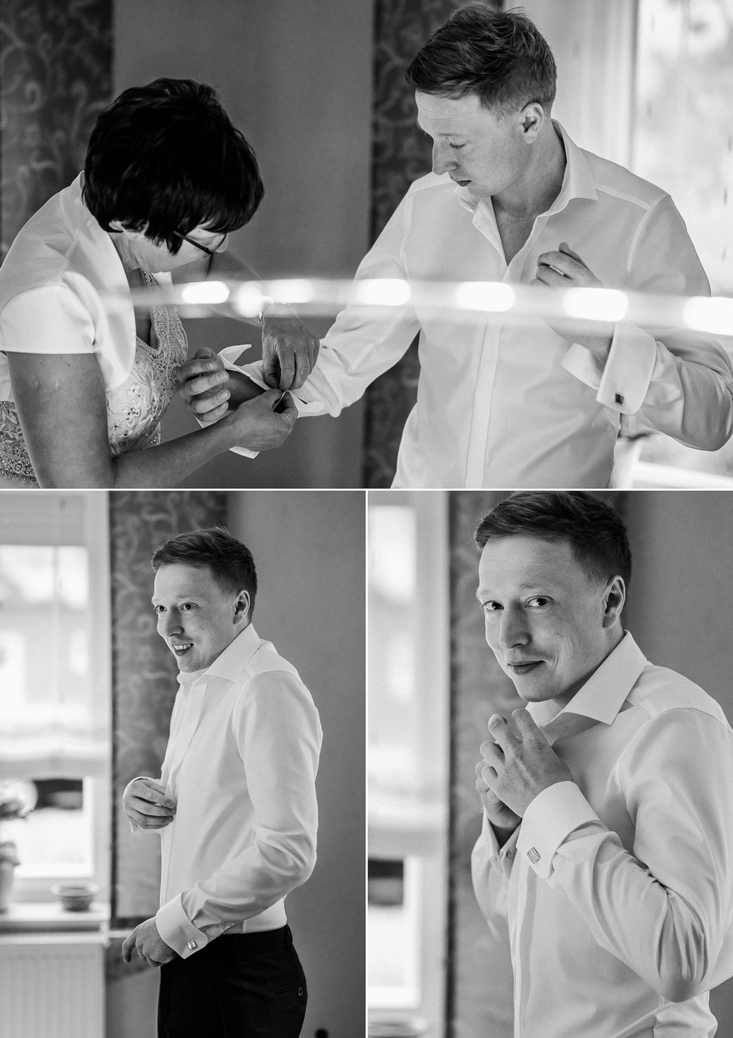 Unterstützung durch die Mutter: Bräutigam David bekommt von Mutter Annegret beim Anziehen geholfen – authentische Hochzeitsfotos.
