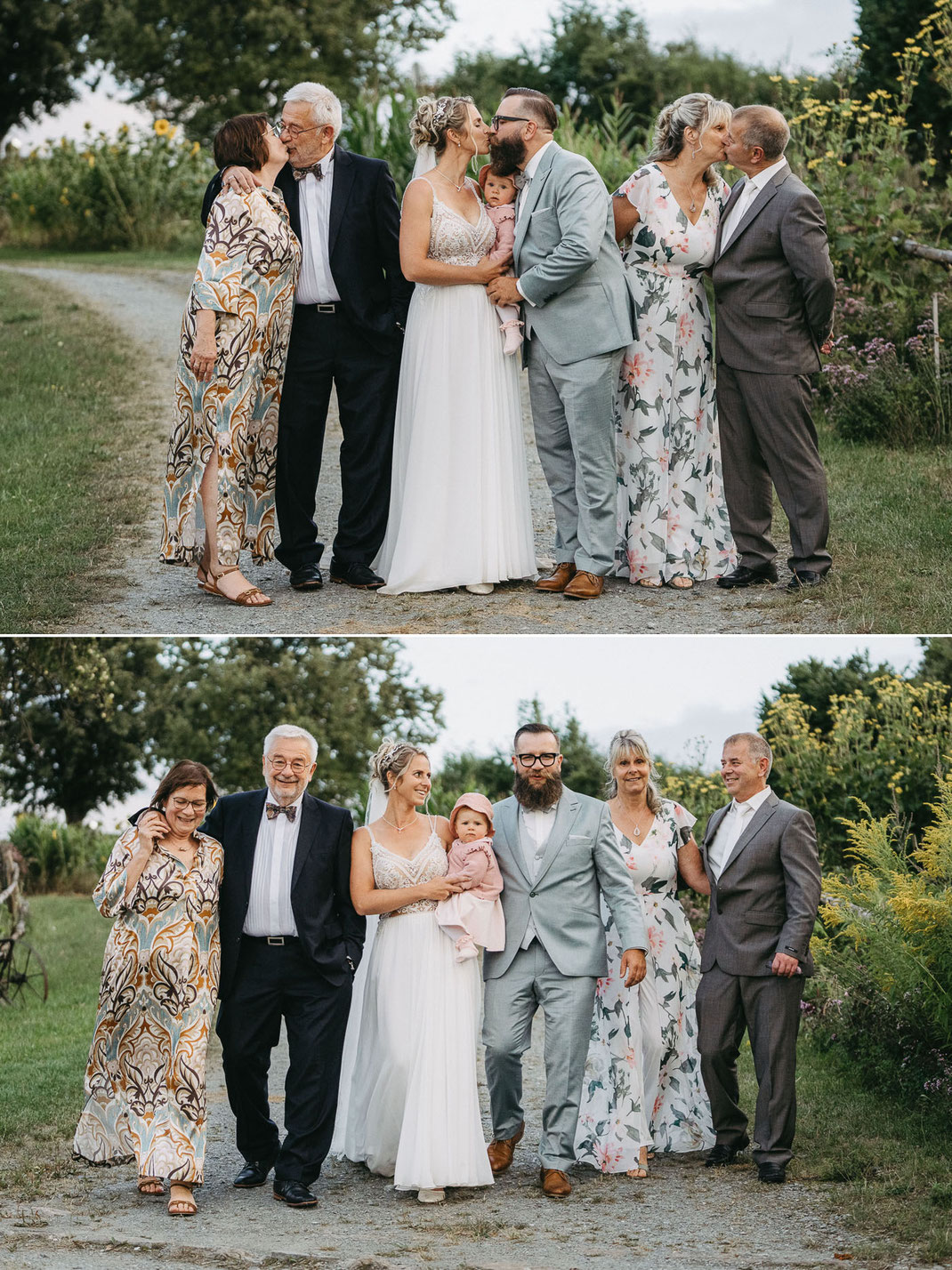 Offizielles Hochzeitsgruppenfoto von Maria und Tilman mit ihren Eltern im idyllischen Kräutergarten des AmbrossGuts.