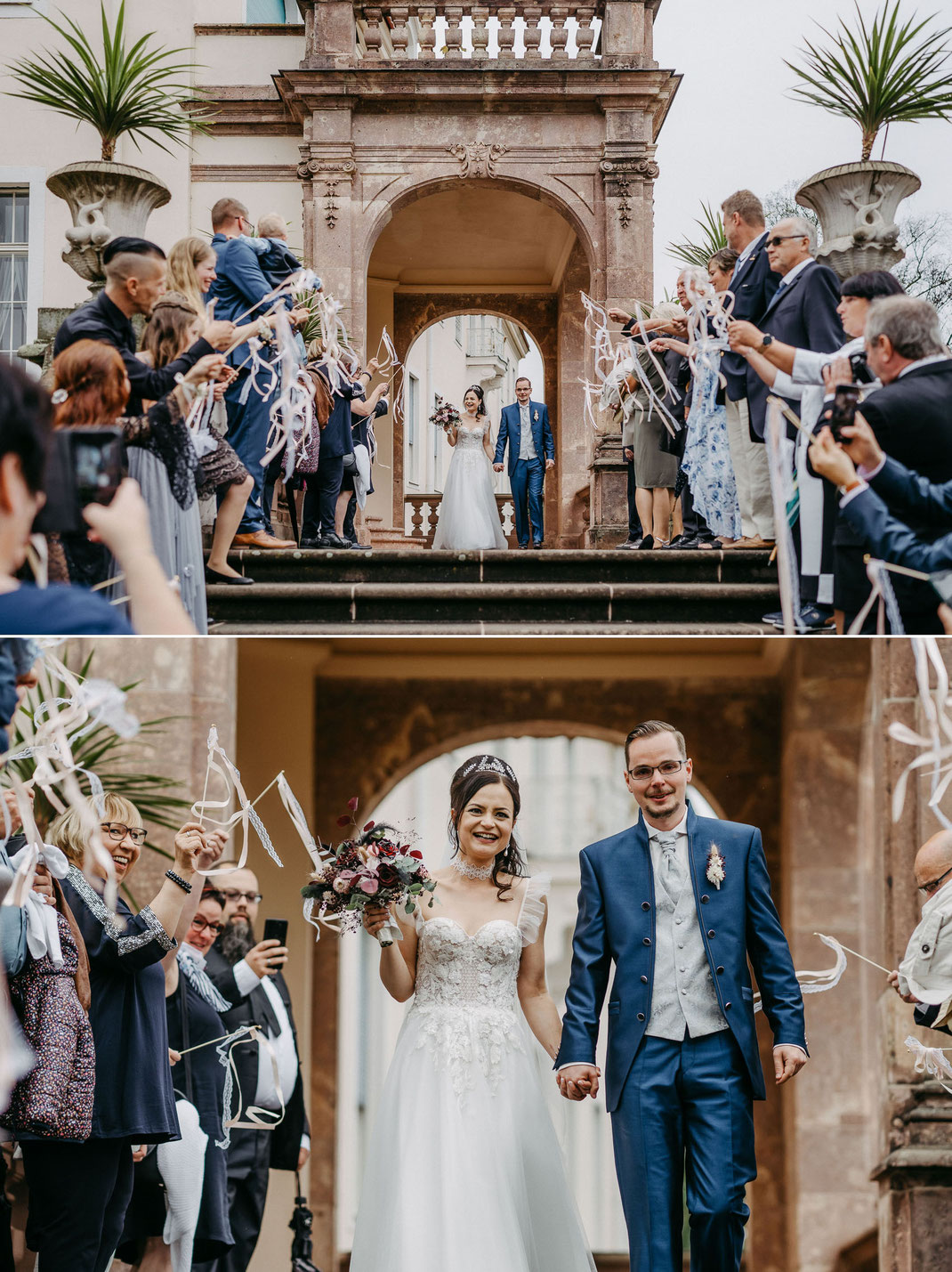Lieblingsbild: Der Auszug über den herrschaftlichen Altan bietet den perfekten Rahmen für Julia und Tonis Hochzeit in Niederwiesa.