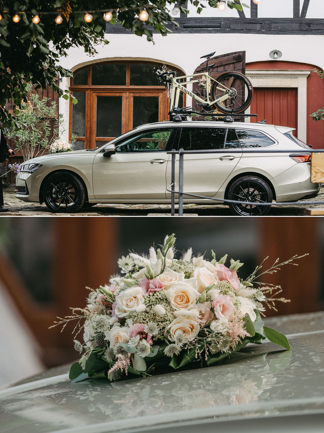 Rustikale Hochzeitskulisse: Das Brautauto mit Sporträdern auf dem Dach im Vierseitenhof des AmbrossGuts.