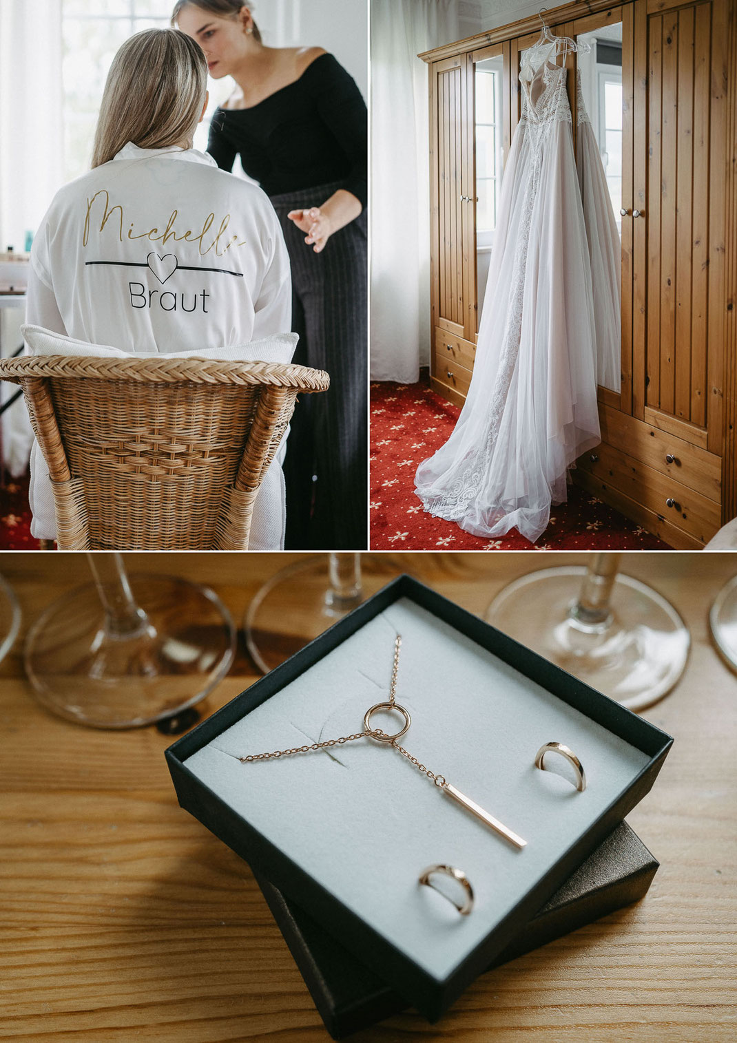 Braut-Styling im Waldhof Börnichen: Detailaufnahme der Stylistin beim Frisieren der Braut Michelle im Hotelzimmer.