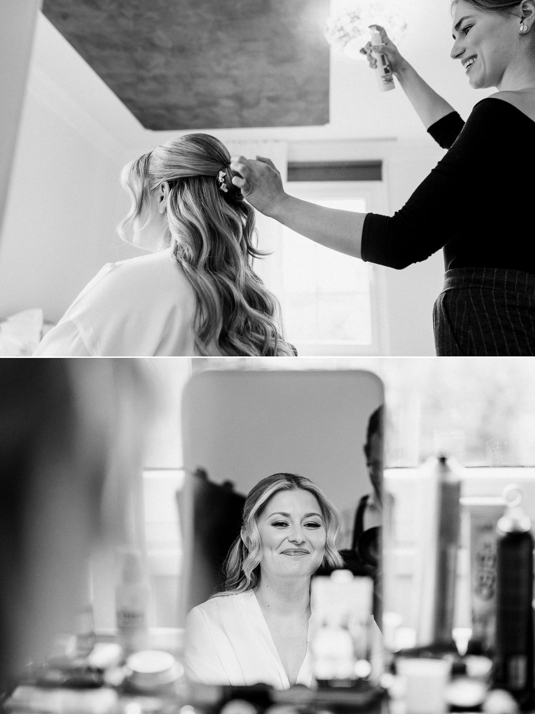 Vorbereitungen Hochzeit Waldhof: Stylistin legt den Brautschleier bei Michelle im hellen Hotelzimmer an.
