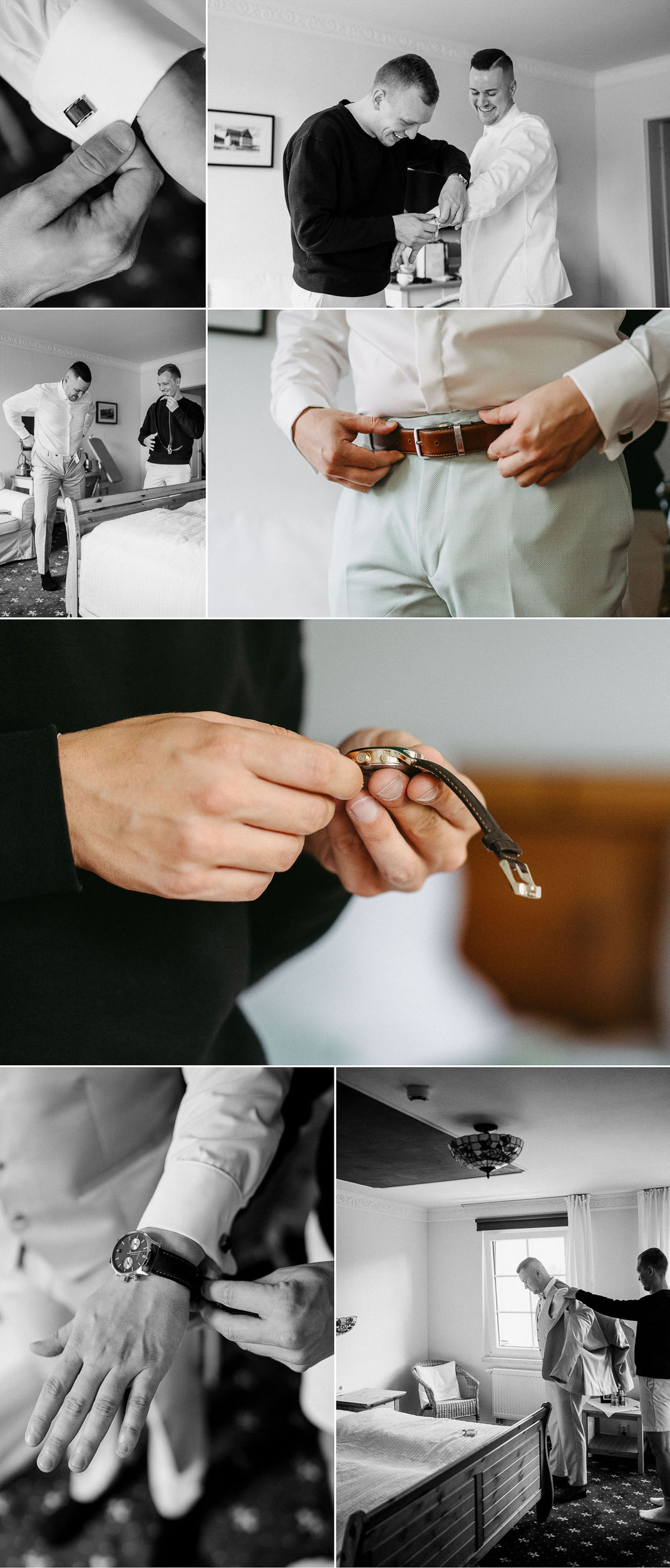 Details Bräutigam-Look: Nahaufnahme von Florians Manschettenknöpfen und der Armbanduhr während des Getting Ready.
