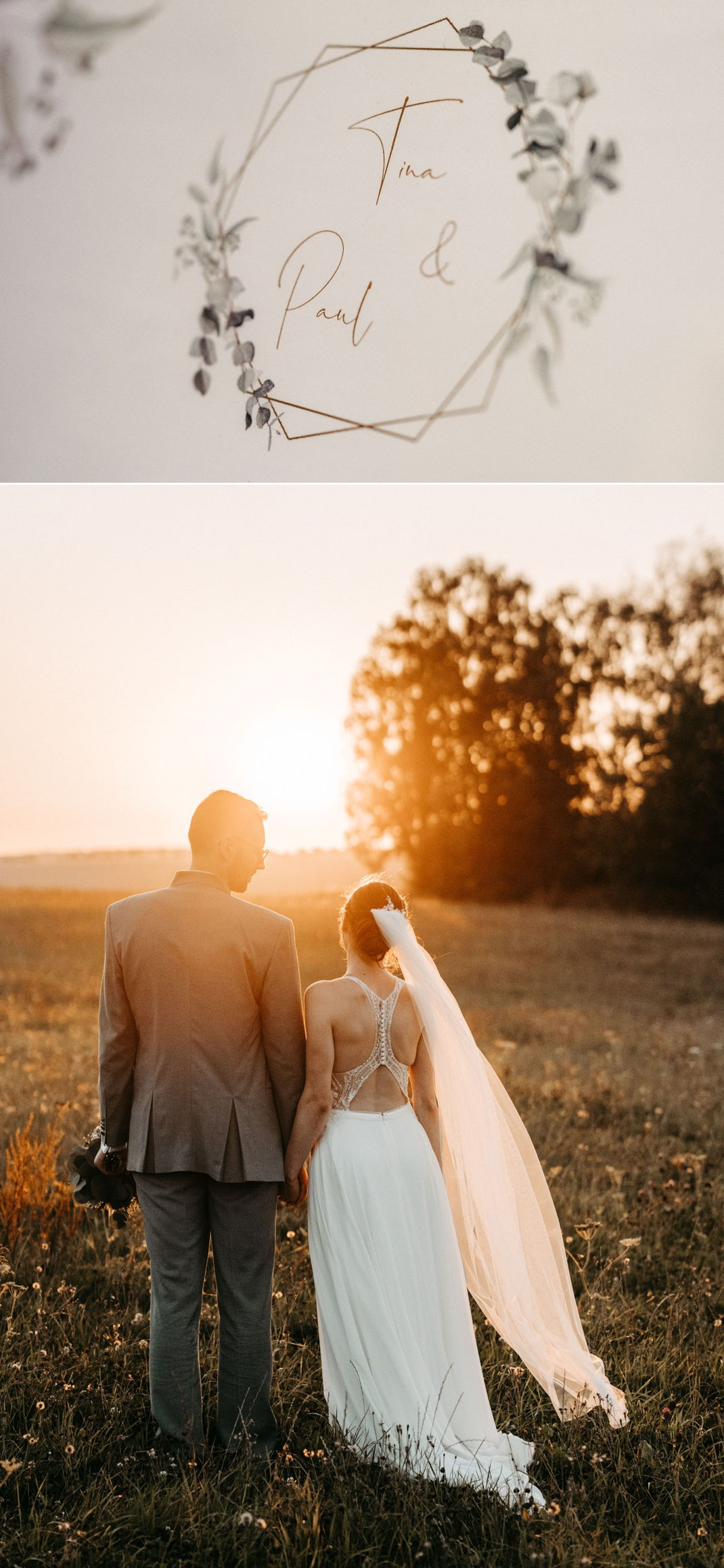 brautpaar tina und paul hand in hand auf der wiese der kreuztanne. das licht ist orange zur golden hour und die romantik sieht man in den hochzeistfotos.