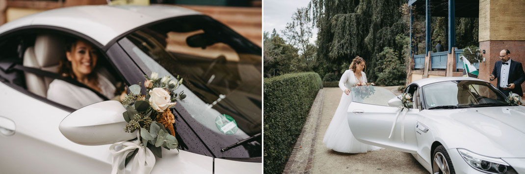 Emotionaler Moment: Braut Jenny steigt aus dem Hochzeitsauto vor der Villa Esche.