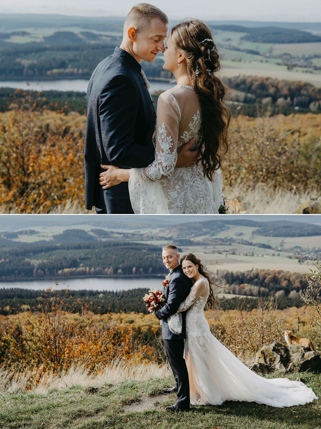 Vanessa und Matthias in Bewegung: Im Hintergrund ist die Talsperre Cranzahl zu sehen - ein Panorama des Erzgebirges lässt Fototografenherzen höher schlagen.