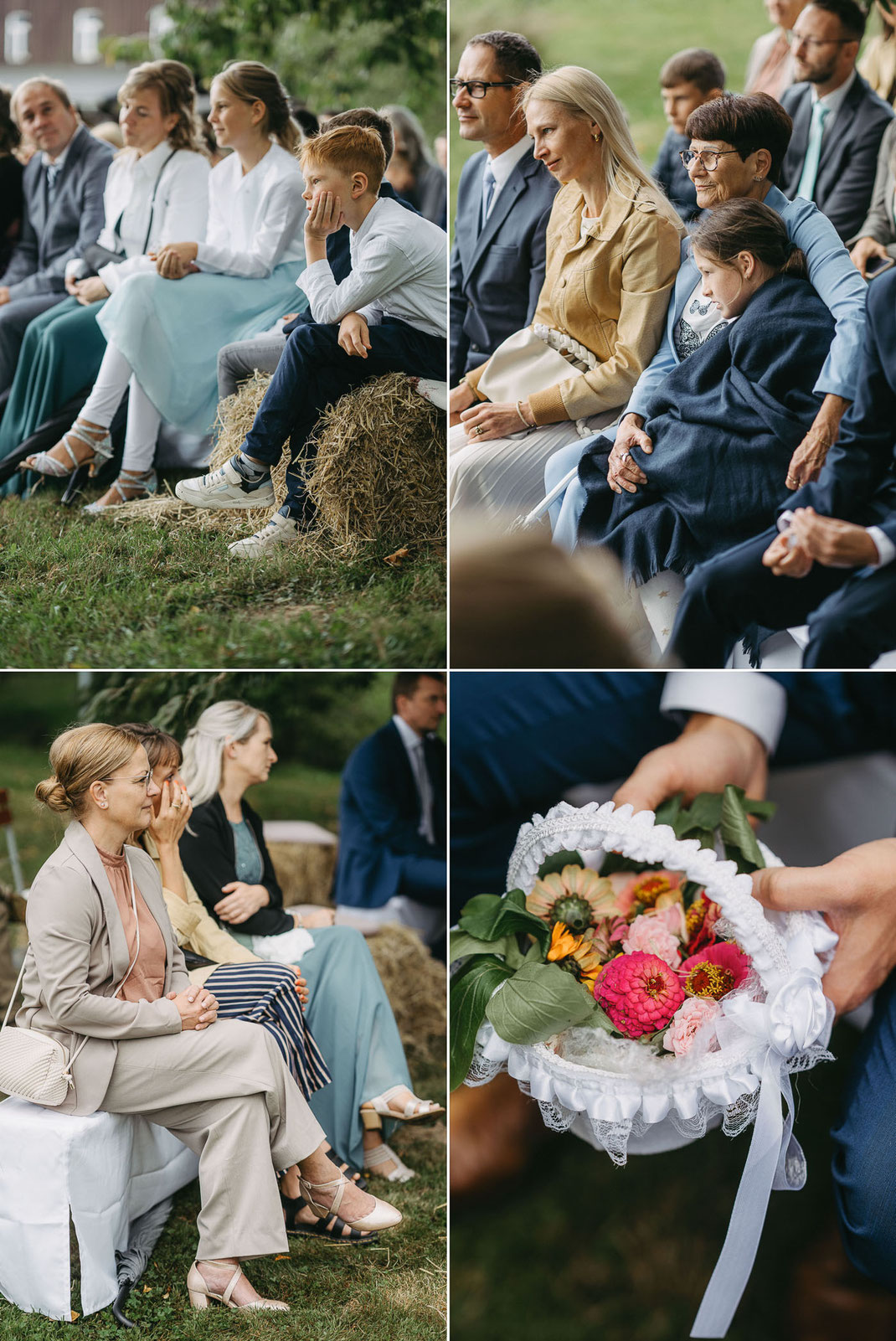 Ein Meer aus Regenschirmen schützt die Hochzeitsgesellschaft während der Trauung auf der Streuobstwiese.