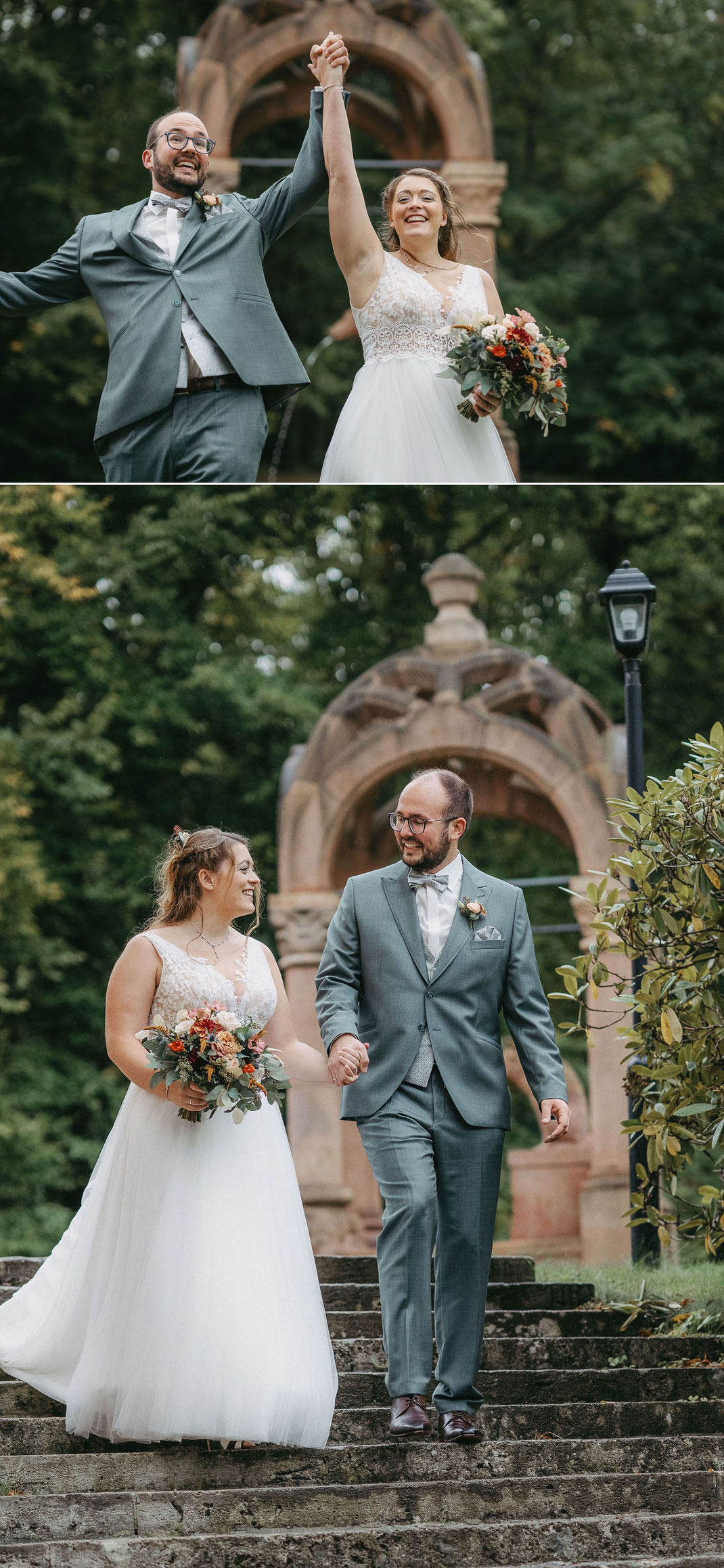 Hochzeitsfotografie: Jenny und Pascal vor der Fassade des Wolfsbrunn.