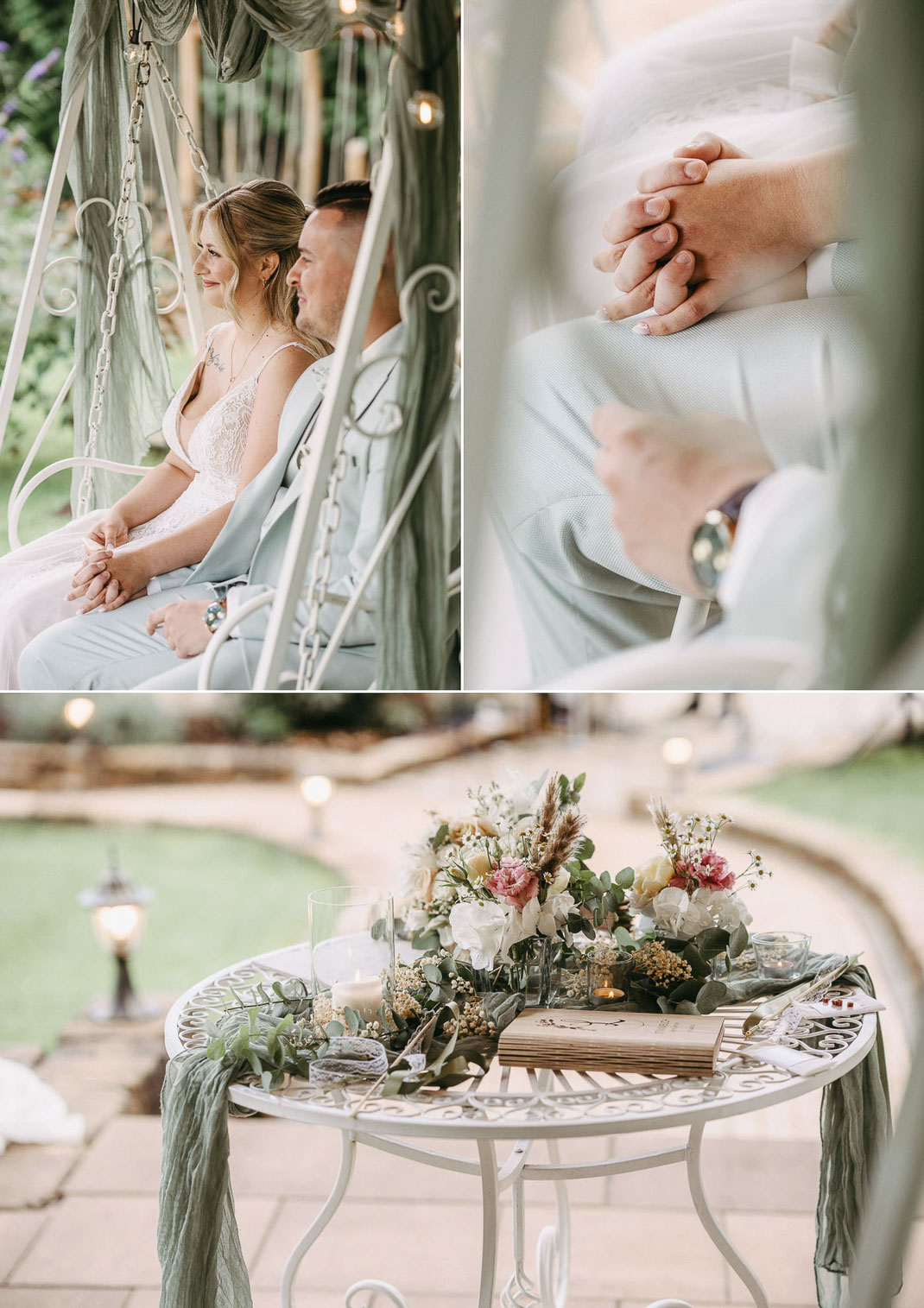 Erster Blick am Altar: Florian sieht seine Braut Michelle, die von ihrem Vater zum Pavillon geführt wird.