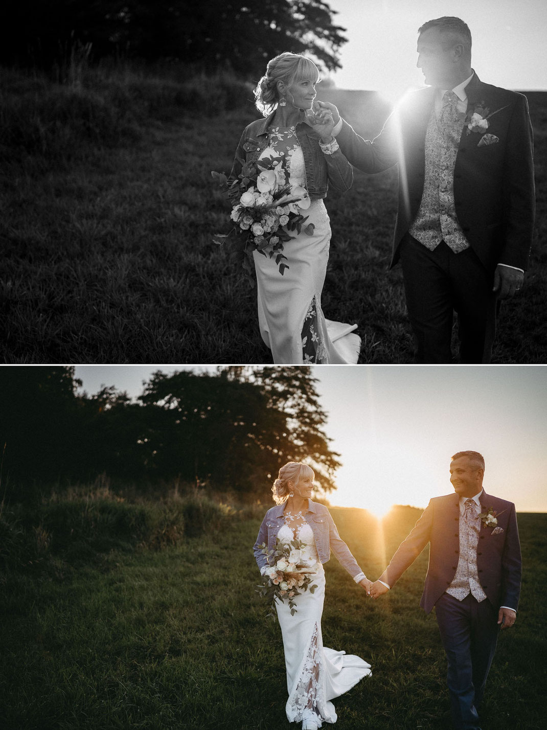 Brautpaar im Gegenlicht der Golden Hour im Erzgebirge, fotografiert von Ben Pfeifer (Lichtecht Hochzeitsfotografie)