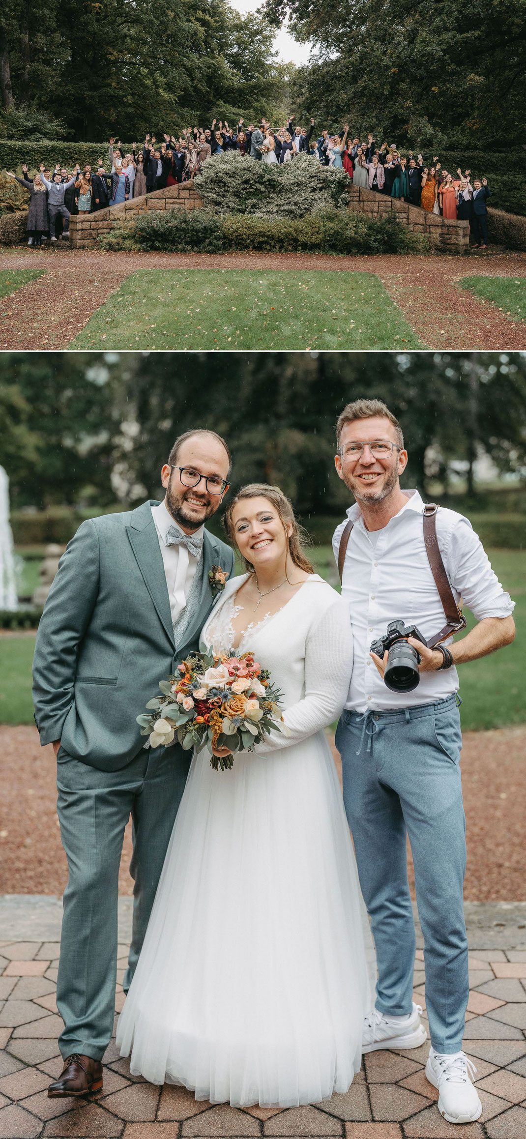 Erinnerungsfoto nach der Trauung: Das Brautpaar und ihr Fotograf im Schloss Wolfsbrunn.
