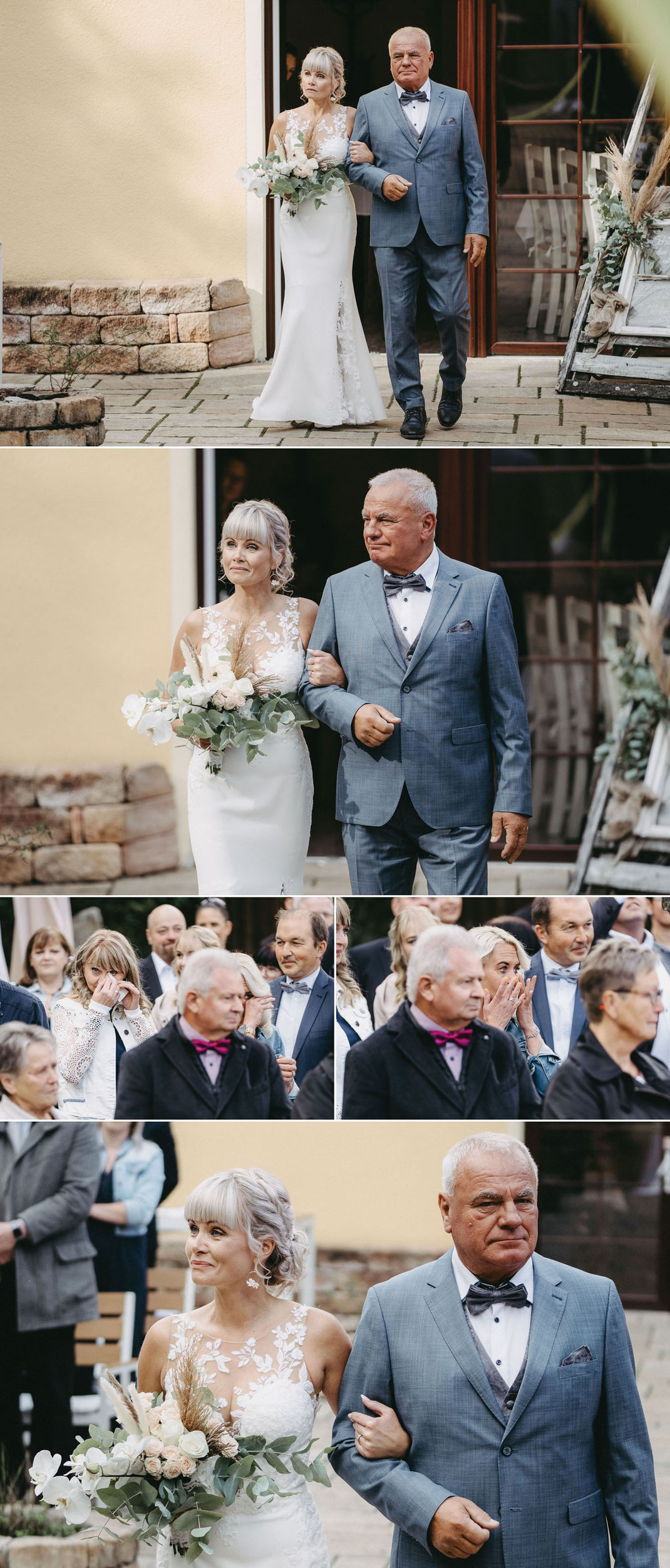 Hochzeit im Waldhof: Braut wird zum Pavillon der Trauung geführt im Waldhof Börnichen