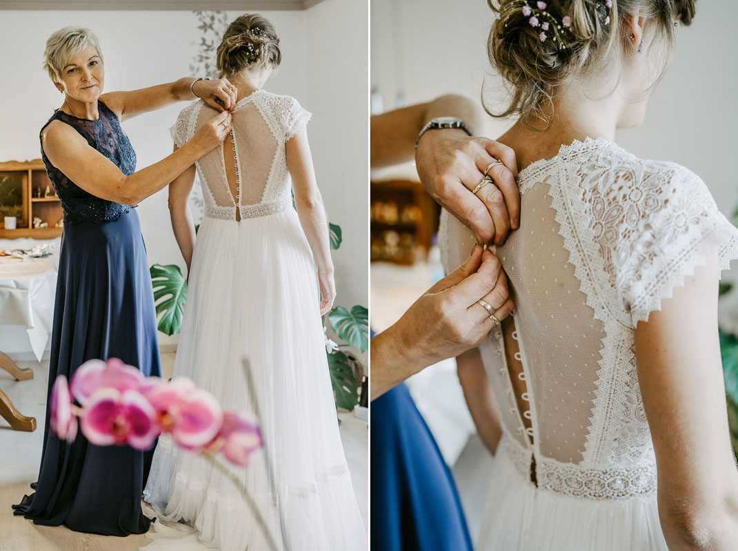 Brautstyling-Atmosphäre: Aufregung vor der Trauung: Braut Sylvie wird für die kirchliche Hochzeit in Dorfchemnitz fertig gemacht.