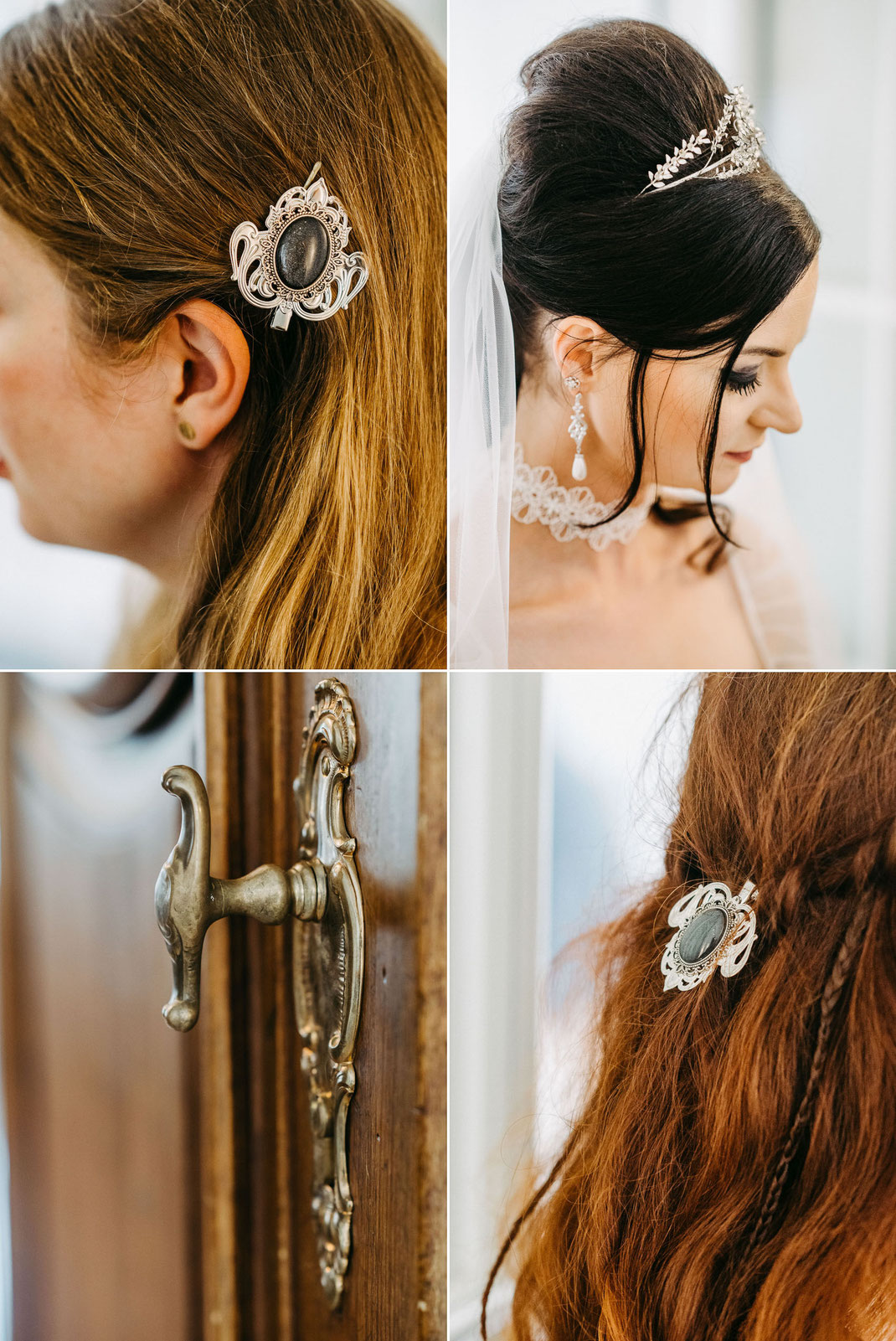 Detailaufnahme: Brautjungfern tragen den gleichen Haarschmuck wie Braut Julia