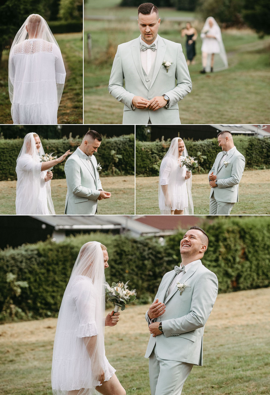 Lustiger Moment zur Hochzeit: Der Moment der Überraschung – Florian dreht sich um und sieht seinen besten Freund statt der Braut im weißen Kleid.